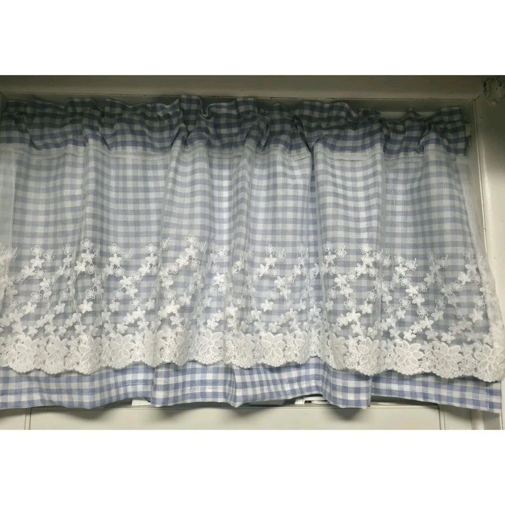 Blue White Gingham Check Cafe Curtain Floral Lace Farmhouse Kitchen Tier 42 X 17
